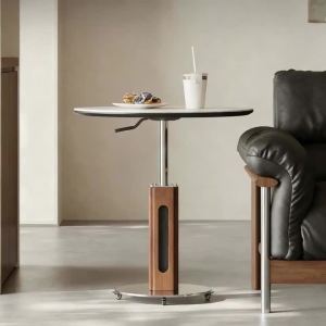 xpkQ Lifting Coffee Table Travertine Slab Retro Mobile Tea Table Multifunction Round Small Tables on Wheels Living Room Furniture R7Q2P