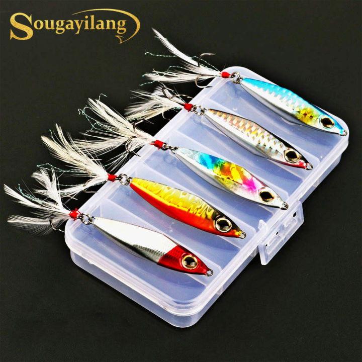 Sougayilang 5Pcs Jigs Fishing Lures Sinking Metal Spoons Micro Jigging Bait  with ABS Fishing Tackle Boxes