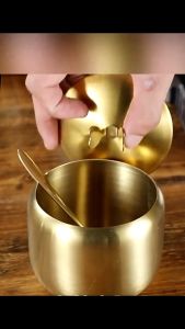 Thick Stainless Steel Seasoning Jar with Spoon Seasoning Box Chili Oil Jar Salt Shaker Golden Tableware Restaurant Dedicated