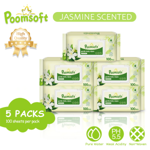 Poomsoft 5 Packs x 100 Sheet Jasmine Scented No-Alcohol Gentle Baby Wipes Wet Tissue Disposable