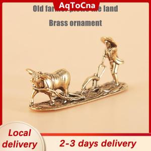 [COD] AqToCna Ship within 24 hours 1 Piece Vintage Home Ornament Collection Of Tea Pet Brass Carving Handholds Metal Crafts Old Farmer And Cow Living Room Decoration