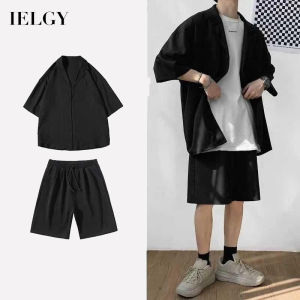IELGY summer jacket suit loose solid color fashion mens clothing shirt + shorts