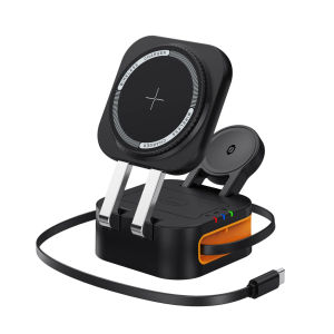 3 in 1 Foldable Wireless Charging Station Fast Charger Stand with Retractable Cable for iWatch iPhone 16/15/14 Series AirPods