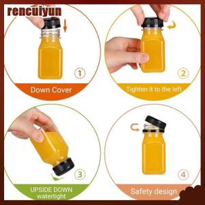 rencuiyun ภาชนะใส่เครื่องดื่ม4ชิ้นขวดน้ำผลไม้120มล. ขวดพลาสติกเปล่าทรงสี่เหลี่ยมมีฝาปิด