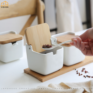 Vision Japanese Style Ceramic Seasoning Bottle With Bamboo Wood Cover Kitchen Storage Jar For Spices Tank With Lid Sugar Salt Bottle Three-piece Storage Holder