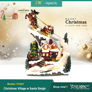 Christmas Village House with Santa Deer Sleigh Musical Lighted Christmas Collectible Building Tabletop Decoration
