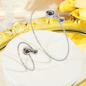 SEQUITO Luxury Golden Silvery Jewelry Set Round Adjustable Bangle Necklace AAA Cubic Zirconia Ladies Evening Party Jewelry SJ413