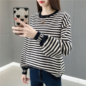 Áo Len Nữ Mùa Thu Và Mùa Đông Phiên Bản Hàn Quốc Của Các Lỏng Di Nhân Dân Tệ Ling Áo Hoodie SọC Với Tay Áo Dệt Kim Cạp Thấp Jersey