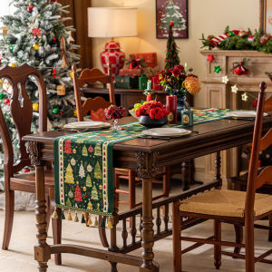Christmas Chenille Tassel Table Runner Cotton Linen Thickened Fabric Table Decoration Dining Room Restaurant Modern Decor Supplies Christmas Tree Household Tablecloth