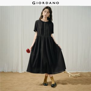 Giordano Women Micro gingham lace round neck maxi dress Free Shipping 18466823