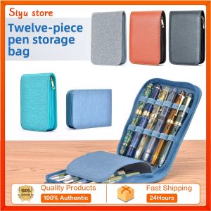 Asvine 12 grid pen storage bag PU/canvas simple waterproof and dustproof pen box stationery zipper protective bag