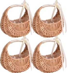 4PCS Flower Girl Baskets Rattan Half Moon Wicker Willow Straw Hand-Held Flower Arrangement Baskets for Home Party