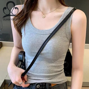 SUNNYBEST Women Vertical Stripes Bottoming Vest Solid Korea Round Neck Slim Sleeveless Shirt