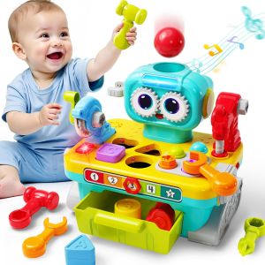 iPlay iLearn Toddler Musical Workbench Toys for One Year Old Boys Baby Pretend Play Tool Set Infant Shape Sorter Activities Kids Pounding Game 1st Birthday Gift for 12 18 24 Month Girls Age 1 2 3