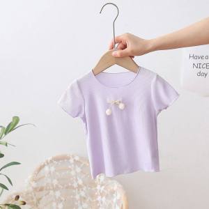 Little Baby Girl Top Shirt Clothes Cherry Blink Short Sleeved Tees Summer New Chiffon Round Neck Yellow Purple Pink White Simple Nice Design Cherry Cute Pretty Shopping Clothes Kids Wear Solid Colour Harga Murah Quality Cantik Pretty