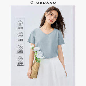 GIORDANO Nữ Áo thun mùa hè làm mát bằng đá kháng khuẩn Áo thun cổ chữ V tay ngắn đơn giản thời trang cơ bản thường ngày 05325445