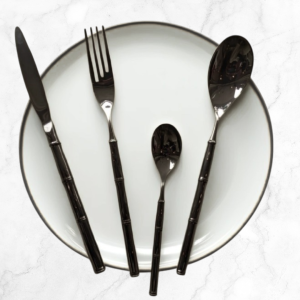 Set Alat Makan Stainless Steel Motif Bambu Warna Pelangi dan Hitam Elegan 4 Pcs untuk Dekorasi Meja