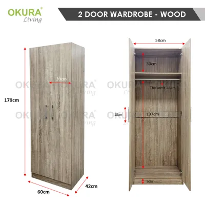 OKURA Modern 2 Door Wooden Wardrobe with Hanging Rod and Compartment Almari Baju / Almari Pakaian