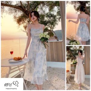 Đầm hoa tiểu thư màu hè cổ gấp nếp trẻ trung thời thượng ảnh thật cuối V37 phong cách Hàn Quốc