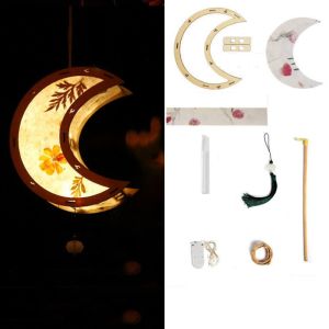 GGR Wooden Mid-Autumn Festival Lantern Creative LED Light Art Lantern Portable Material Kit Handmade Hanging Lamp Festival