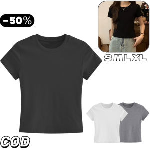 YOOXI เสื้อดำผู้หญิง ฤดูร้อนดำคอกลมเสื้อยืด เสื้อยืดแขนสั้นนุ่มที่สะดวกสบายและเป็นมิตรกับผิว แขนสั้นสาวที่แน่น(ขาว สีเทา สีดำ)