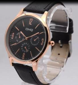 OMQ Leather PU Watch นาฬิกาข้อมือหน้าปัดกลม ขอบสีพิงโกล์ด สายหนัง