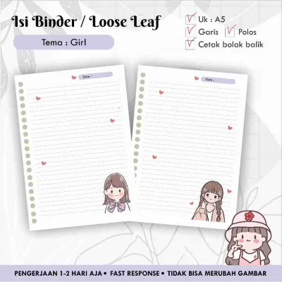 Isi Binder / Loose leaf gambar A5 Tema GIRL / Refill Map Binder / Garis Polos