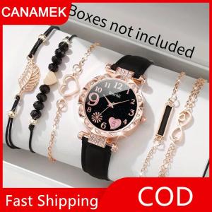 【CANAMEK】 6 cái bộ của phụ nữ xem hoa giản dị thạch anh xem PU da cổ tay xem Vòng đeo tay kết hợp bộ đồ trang sức quà tặng cho phụ nữ cô gái