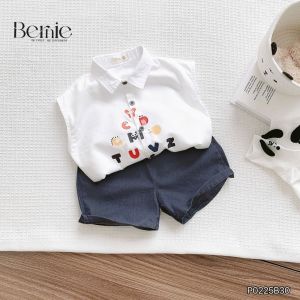 Set bộ áo sơmi tanktop họa tiết hình in và chữ cute kèm quần short jean 9kg đến 28kg BERNIE P0225B30