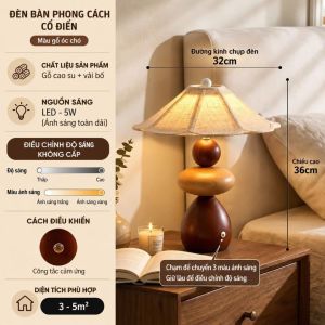 D234 Đèn bàn phong cách cổ điển thân gỗ phối chao vải bố sang trọng cho phòng ngủ