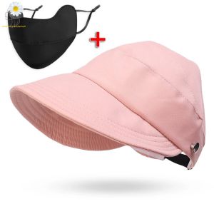 【Free Face Mask】 Summer Wide Brim Cap Adjustable Uv Protection Sun Hat Women Outdoor Travel Beach Visors with Hook Quick-Dry Baseball Cap