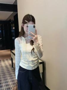 AMMIN 2025 French Style New Embroidered Floral Hollow Lace Tie Stand Collar Design Bell Sleeve Shirt Womens Autumn New Long Sleeve Three-dimensional Jacquard Design Elegant Blouse