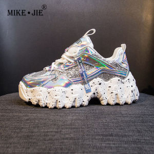 MIKEJIE Spring Womens Chunky Sneakers Fashion Women Platform Shoes Bling Sequined Lace-Up Vulcanize Shoes Female Trainers Dad Shoes