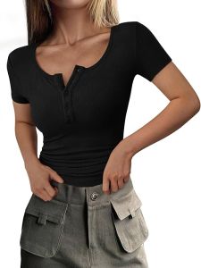 PRETTYGARDEN  Womens  2025  Autumn Summer Short Sleeve Top Ribbed Henley Button Slim Fit Basic Casual  T  Shirt Clothing