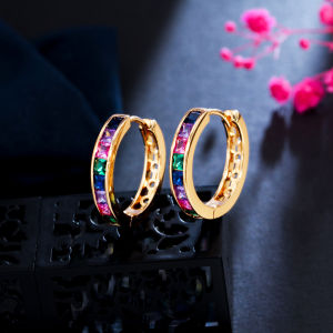SEQUITO Hot Sale Elegant Multicolor CZ Stone Hollow Out Gold Plated Small Circle Round Hoop Earrings for Women Girls SE562