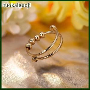 tuokaiguoji Anxiety Balls Beads Rings For Women Open Spinner Adjustable Finger Ring Stainless Steel Rotating Freely Anti Stress Jewelry Gift
