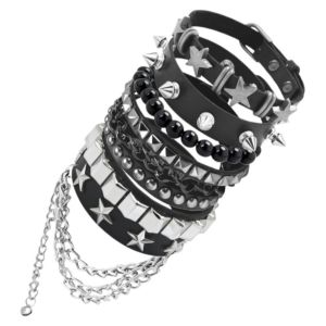 MZRTNZ 5 pcs Alloy Punk Bracelet Set Spike Faux Leather Star Stud Wristband Rock Style Multi-layer Chain Bracelet Halloween Party