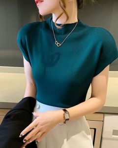 (COD)Alisa.Sonya Summer Knitted Blouse Women Korean Style Short Sleeve High Neck Non-Pilling Casual Sweater
