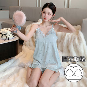 Summer New Ice Silk Cool Pajamas Thin Lace Special Soft Silk Suspender Shorts Pyjamas Breathable Set Home Wear Women with Chest Cushion