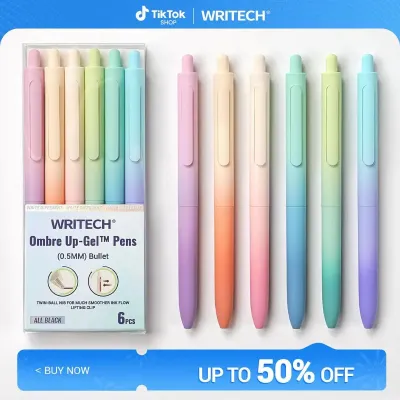 WRITECH Gel Pens Fine Point 0.7mm Black Ink Retractable 6ct with Gradient Color Barrel Soft Vertical Stripe Silicone Grip & Detachable Design Note Taking Silent Click No Smear Nebula Pen Set