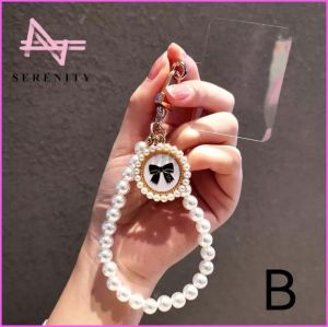 SERENITY 1pcs Pearl beaded wrist keychain ribbon design key ring charms