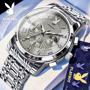 PLAYBOY นาฬิกาเพลย์บอยสำหรับผู้ชาย2025กันน้ำนาฬิกาควอทซ์สแตนเลสเรืองแสงนาฬิกาธุรกิจแฟชั่นสินค้าที่มีคุณภาพ