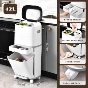 Vision Japanese Double-layer Garbage Can Dry and Wet Separation Garbage Sorting Trash Can Kitchen Classified Waste Bin Household Floor-standing Sorting Bin Movable Pedal Garbage Sorting Can with Cover