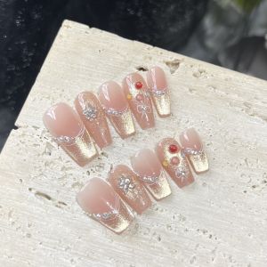 【🎁Free Glue🔥】Handmade Artificial Nail Blush Gradient Gold Cat Eye Temperament 3D Balloon Hand-Painted Phototherapy Fake Nail Patch Press on Nails Reusable