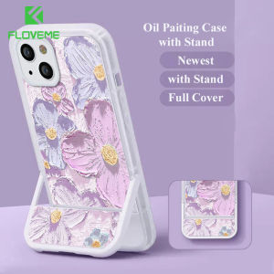 FLOVEME Luxury Oil Flower Painting Phone Case For iPhone 15 14 13 12 11 Pro Max 15 14 Plus With Invisible Bracket Stand Full Protection Clear Soft Silicone Shockproof Back Cover For iphone X XR XS Max
