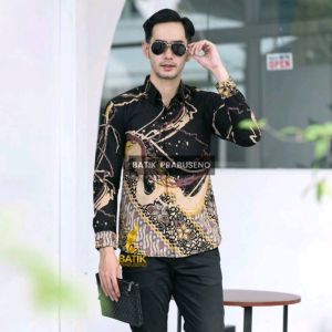 Batik Prabuseno Kemeja Hem Baju Pria Lengan Panjang Slimfit Modern Untuk Kondangan dan Wisuda atau Kerja Kantor Bahan Katun Printing Lapis Furing Adem Halus Nyaman bisa COD Motif DANAR HITAM