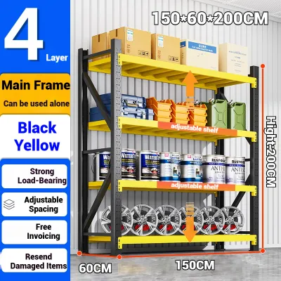 Waroom Thickened Heavy Duty Shelves Thickened Iron Storage Rack Warehouse Adjustable Rak Waterproof Rustless Rak Tugas Berat 重型货架黄黑色