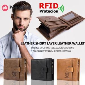 BULLCAPTAIN Men Genuine Leather RFID Wallet Male Organizer Coin Short Purse Pockets Slim Fashion Zipper Clamp Card Holder