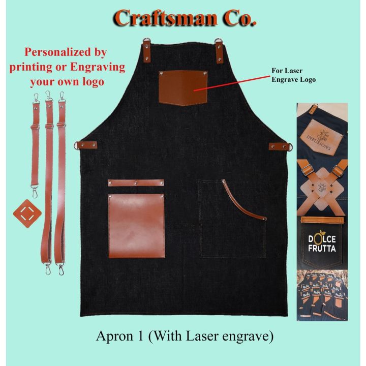 Blue Black Denim Apron Leather Straps - Little Tailor Studio