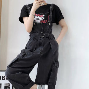 Jumpsuit Jeans Wanita Berlengan Lebar Warna Hitam Dengan Pinggang Tinggi